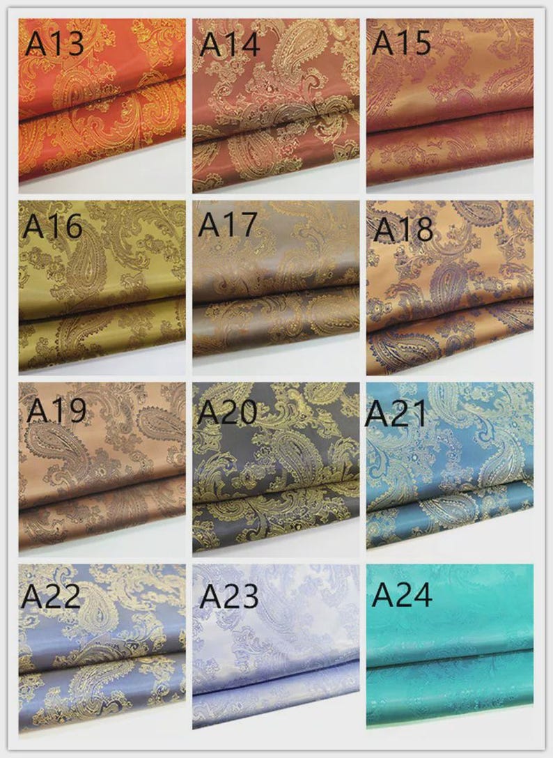 May include: A collection of paisley patterned fabric swatches in various colors, including red, gold, brown, and blue. Each swatch is labeled with a number, showcasing the different color options available for the fabric.