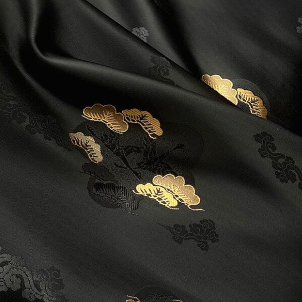 Pine leaf Brocade Jacquard  KyotoJapanese gold Stamped brocade fabric Qipao Cheongsam Stage dresses pine crane picture |Sold By 0.5 Yard