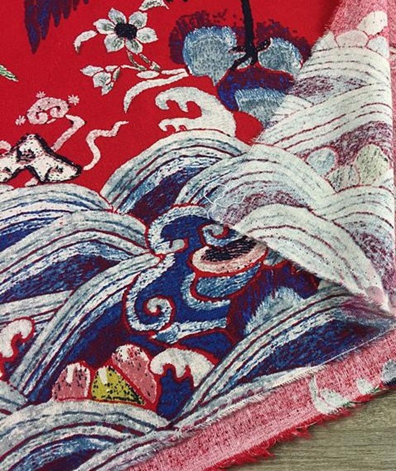 chinese vintage flying white crane seaweave flower dark blue red cotton flax fabric by yard stage cosplay decoration image 6
