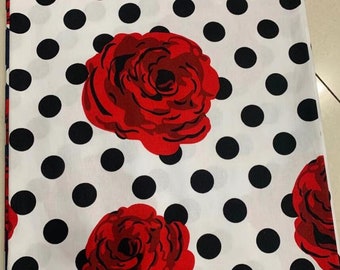 Red Rose Polka Dot Cotton Fabric: French Vintage Style Dressmaking
