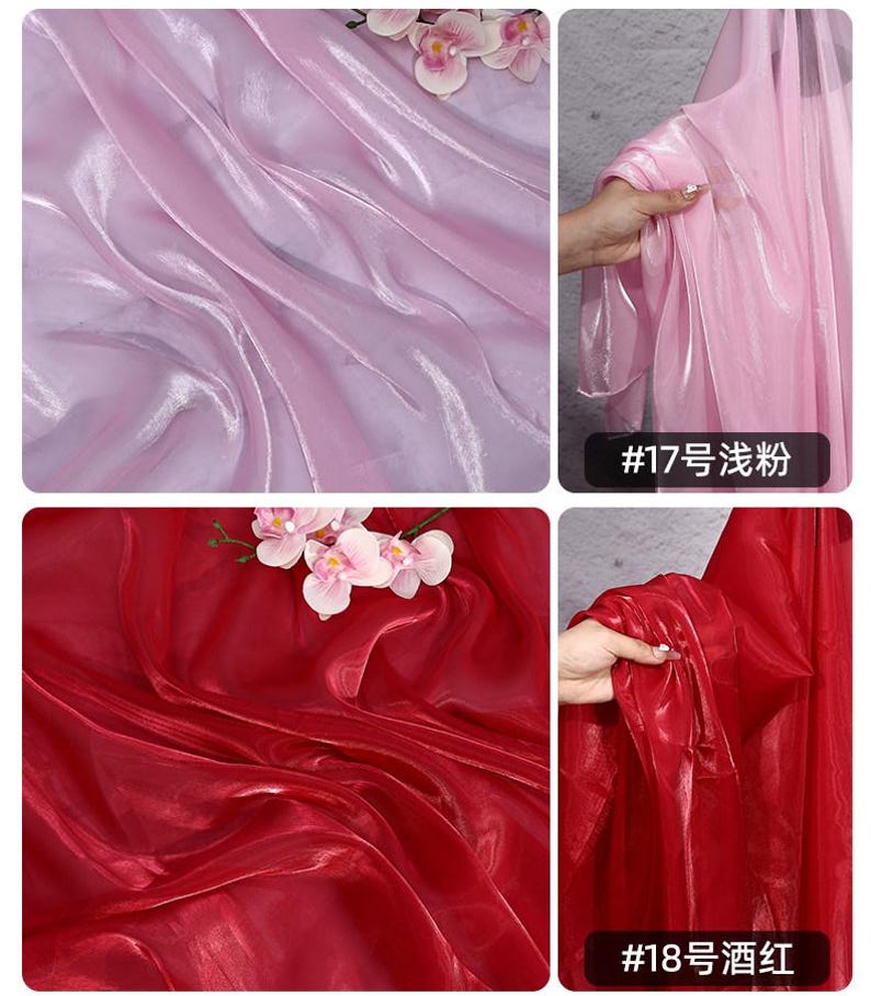May include: A collection of sheer fabric samples in shades of pink and red. The fabric is draped and folded, showcasing its texture and sheen. The image includes close-ups of the fabric and text in the lower right corner.