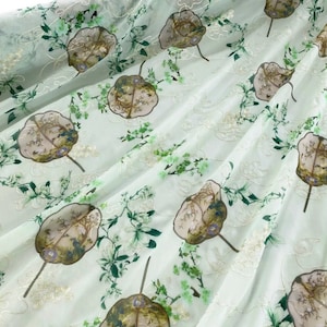 Semi-Transparent Gold Thread Fan Embroidered Chiffon Fabric For Cheongsam, Dress, Handmade Jewelry