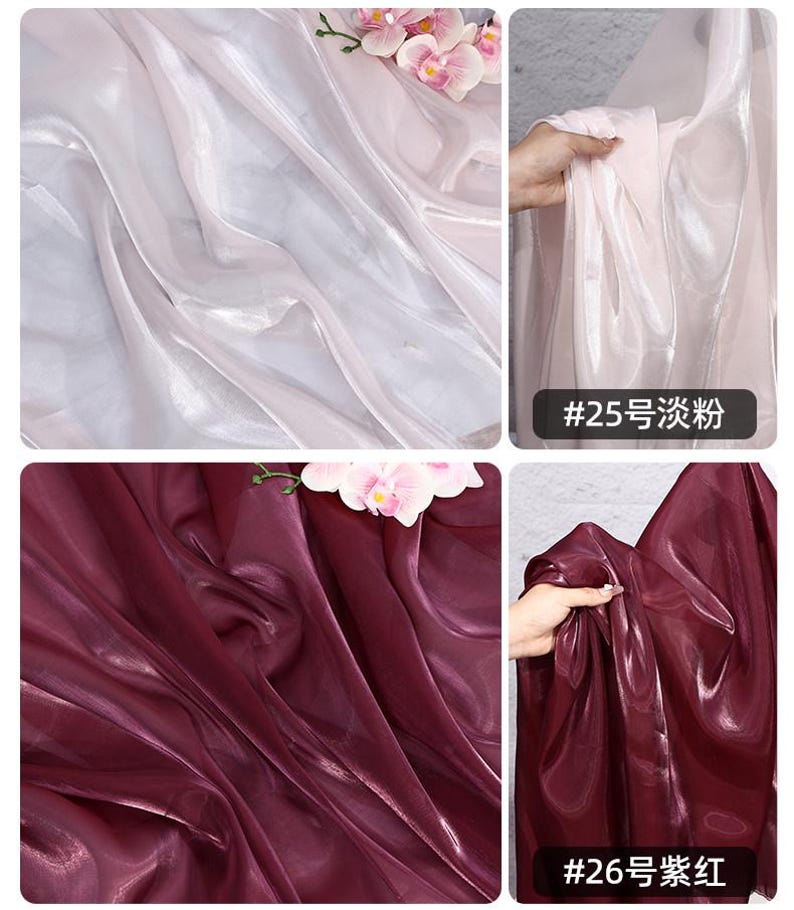 May include: Four images showcasing sheer fabric in two colors. The top two images display a light pink fabric, while the bottom two show a deep burgundy fabric. The fabric is draped and folded, with a glossy sheen. The text "#25" and "#26" are visible.