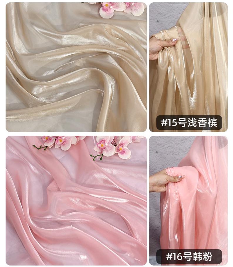 May include: Close-up of two different fabrics. The top left shows a beige fabric with a shiny, silky texture. The top right shows the same fabric being held. The bottom left shows a pink fabric with a shiny, silky texture. The bottom right shows the same pink fabric being held. The text in the image reads "#15" and "#16".