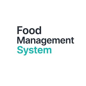 Może przedstawiać: Napis "Food Management System" na białym tle. Słowa "Food" i "Management" są w ciemnoniebieskim kolorze, a "System" w żywym turkusie, w nowoczesnej i czystej czcionce.