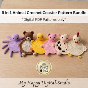 6 virkade djurmotiv med underlägg, Amigurumi PDF-muggmatta (digital nedladdning)