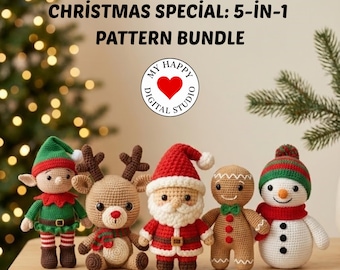 5 Christmas Amigurumi Crochet Pattern Bundle | Santa, Elf, Snowman, Reindeer, Gingerbread Man (PDF)