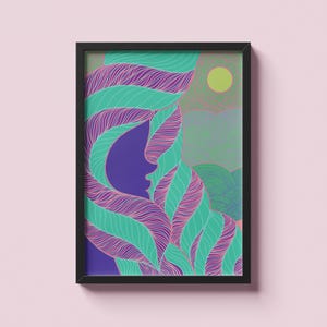 Könnte beinhalten: Gerahmter Kunstdruck mit einer stilisierten Illustration eines Profils in Lila, Türkis und Rosa. Das Kunstwerk hat ein fließendes Design mit Sonne und Landschaftselementen. Der Rahmen ist schwarz.