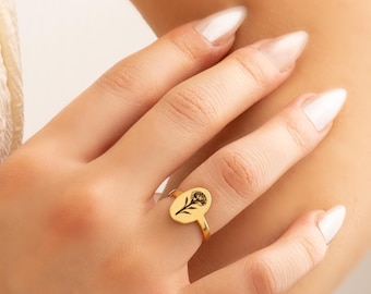 Gold Custom Birth Flower Ring, Personalized Engraved Signet Ring, Birth Month Flower Jewelry, Christmas Gift for Her