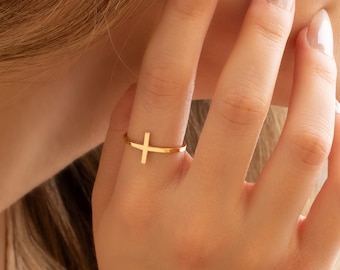 Gold Cross Ring, Minimalist Faith Ring, Dainty Christian Band, Simple Everyday Religious Jewelry Gift