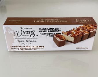 Torrons Vicens Macadamia Turrón | Bourbon Vanilla & Salted Caramel Nougat | Gourmet Spanish Import | 150g