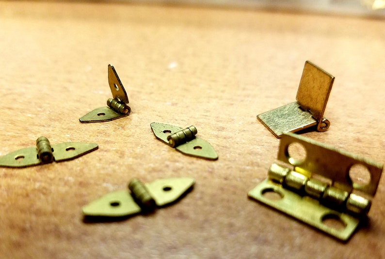 45 Small Brass Hinges Supply Deshash Findings Egg Art Different Size and Shapes Tiny