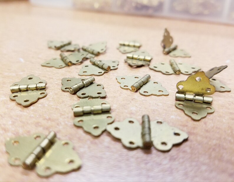 45 Small Brass Hinges Supply Deshash Findings Egg Art Different Size and Shapes Tiny