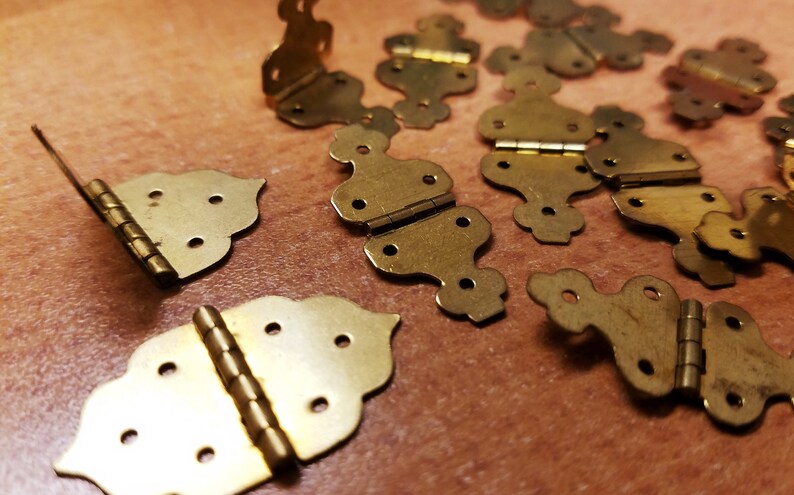 45 Small Brass Hinges Supply Deshash Findings Egg Art Different Size and Shapes Tiny