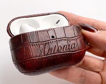 Personalized Crocodile AirPods Case, Engraved Monogram, PU Leather