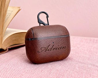 Étui pour AirPods en cuir personnalisé avec crochet : monogramme gravé