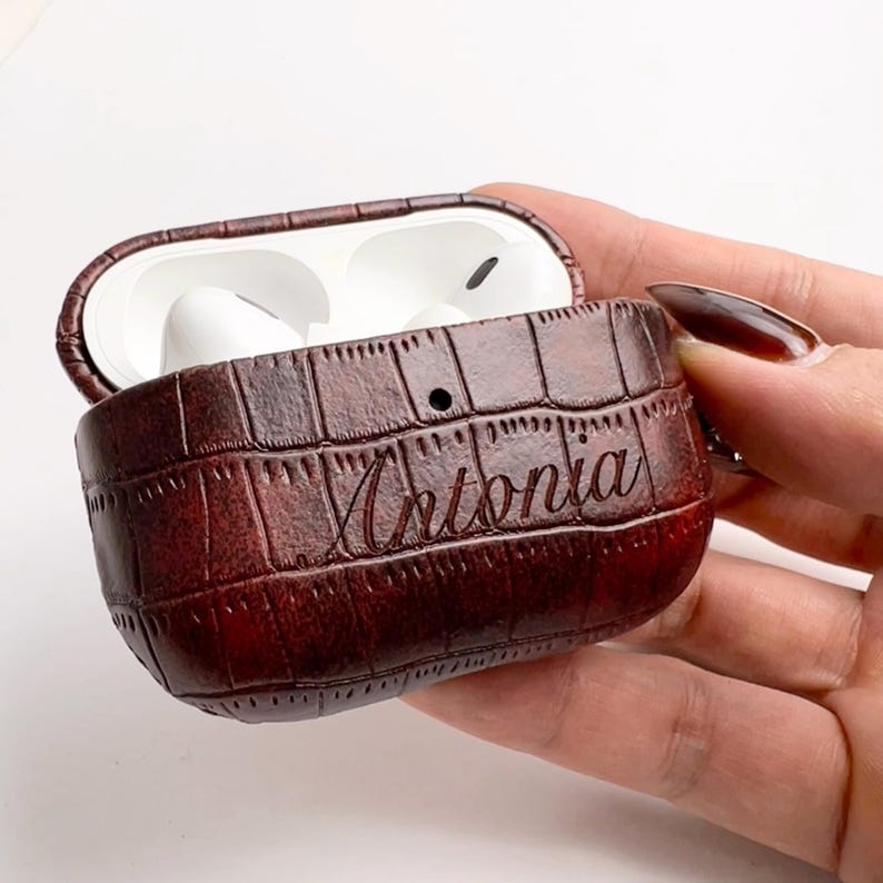 Personalized Crocodile PU Leather AirPods Case: Engraved Monogram image 14