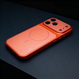Op de afbeelding: Oranje telefoonhoesje met een magnetisch oplaadcirkelontwerp. De hoes heeft een strakke, moderne uitstraling met een camera-uitsparing en een subtiel logo. De hoes is gemaakt van een duurzaam materiaal en is ontworpen om de telefoon te beschermen.