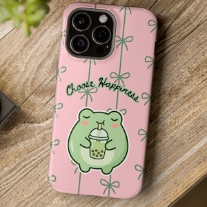 Cute Frog Phone Case | Kawaii Bubble Tea Frog Cover | Pink Bow Pattern Phone Case | Choose Happiness Aesthetic Gift