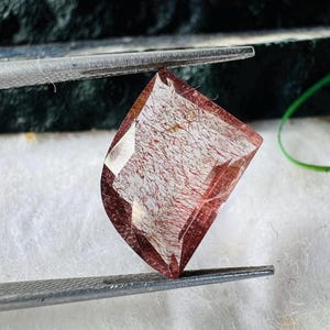 Peut inclure: Une pierre précieuse facettée, tenue par une pince. La gemme est un mélange de clair et de brun rougeâtre, avec de fines inclusions en forme de cheveux. La forme est un bouclier modifié, avec un dessus plat et un bord inférieur incurvé. Fond blanc.