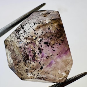 Peut inclure: Un cristal facetté et translucide, maintenu par une pince. Le cristal présente un mélange de couleurs : transparent, violet, marron et noir. Il contient des inclusions sombres et un motif délicat en forme de branches. Le fond est blanc.