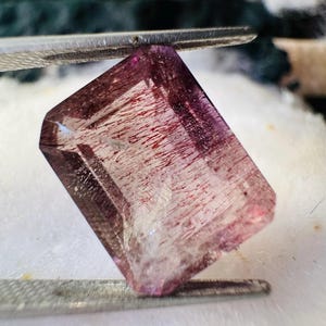 Peut inclure: Une pierre précieuse rectangulaire à facettes tenue par une pince. La gemme est d'un violet translucide avec des inclusions rouges et a un aspect poli et vitreux. La gemme est tenue sur un fond blanc et vert.
