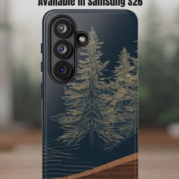 Forest Pine Tree Phone Case for Samsung S26 | Nature Aesthetic | Dark Teal Faux Wood Grain Design | Gift for Hiker, iPhone 17 16 15, Galaxy