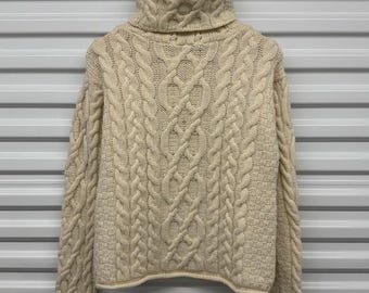VTG Aran Crafts Cream Merino Wool Cable Knit Turtleneck Sweater Size M