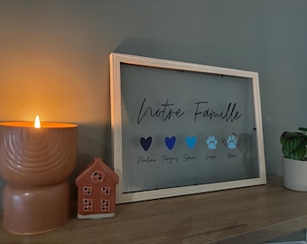 Affiche personnalisée “Notre Famille” – Cadre transparent avec prénoms, cœurs & pattes | Cadeau famille, couple ou hommage