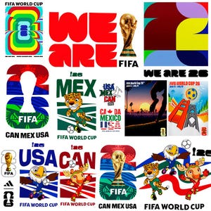 Puede incluir: Un collage de gráficos de la Copa Mundial de la FIFA. Las imágenes incluyen el trofeo de la FIFA, las palabras "WE ARE" en rojo y logotipos con los textos "MEX", "USA" y "CAN". Algunos gráficos presentan personajes de dibujos animados y balones de fútbol.