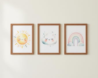 Nursery Wall Art Set: Sunshine, Cloud, Rainbow Prints (Digital Download)