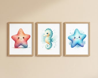 Ocean Animal Nursery Art Set, Coastal Kids Room Decor (Digital Download)