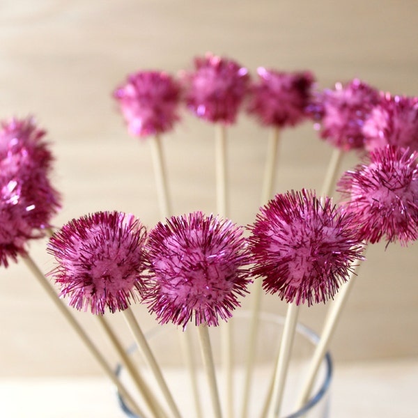 12 Pink Pom Pom Drink Stirrers, Party Decor, Tinsel Drink Topper, Wedding