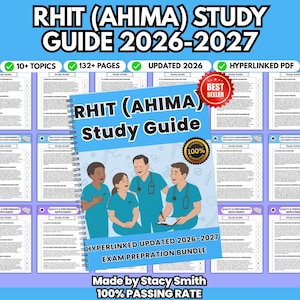May include: A spiral-bound RHIT (AHIMA) Study Guide 2026-2027 featuring an illustration of four medical professionals in teal scrubs. The cover includes text stating 100% guarantee, updated 2026-2027 exam preparation bundle, and best seller.