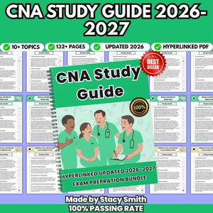 May include: A spiral-bound CNA Study Guide 2026-2027 featuring a green cover with an illustration of four healthcare workers in green scrubs. The cover includes the text CNA Study Guide, a Best Seller badge, and a 100% Guarantee seal.