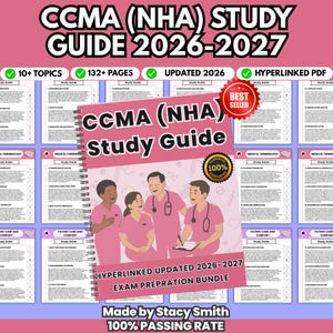 Op de afbeelding: Een spiraalgebonden CCMA (NHA) studiegids 2026-2027 met een illustratie van vier medische professionals in roze scrubs. De omslag bevat een Best Seller-badge, een 100% garantie-zegel en de tekst Hyperlinked Updated 2026-2027 Exam Preparation Bundle.