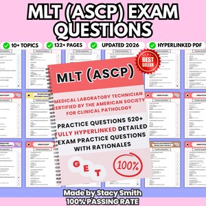 以下が含まれることがあります： MLT (ASCP) Medical Laboratory Technician Certified by the American Society for Clinical Pathologyというタイトルのスパイラル綴じ学習ガイド。表紙には520問以上の練習問題、解説、Stacy Smithによる100%の合格率という記載があります。