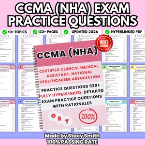 Puede incluir: Una guía de estudio con espiral para el examen CCMA (NHA). La portada rosa y blanca dice "CCMA (NHA) EXAM PRACTICE QUESTIONS". Incluye 10+ temas, 132+ páginas y está actualizado para 2026. Es un PDF con hipervínculos.