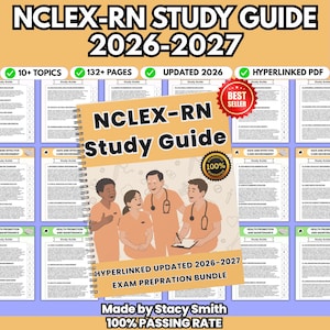 May include: A spiral-bound NCLEX-RN Study Guide 2026-2027 featuring an illustration of four healthcare professionals in peach scrubs. The cover includes text stating 100% guarantee, hyperlinked updated 2026-2027 exam preparation bundle, and best seller badge.