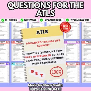 Puede incluir: Una guía de estudio encuadernada en espiral titulada "QUESTIONS FOR THE ATLS" con el texto "ADVANCED TRAUMA LIFE SUPPORT". Incluye preguntas de práctica, está actualizada para 2026 y es un PDF con hipervínculos. La portada presenta una insignia de "BEST SELLER" y un 100% de aprobados.