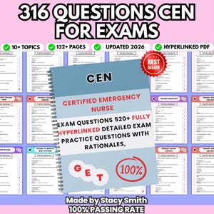 Może przedstawiać: Podręcznik w oprawie spiralnej zatytułowany CEN Certified Emergency Nurse Exam Questions 520+ Fully Hyperlinked Detailed Exam Practice Questions with Rationales. Okładka zawiera tekst GET i 100% w czerwonych kółkach oraz czerwoną odznakę Best Seller.