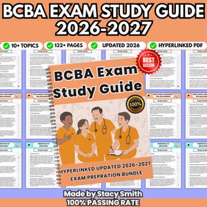 Puede incluir: Una guía de estudio BCBA Exam Study Guide 2026-2027 encuadernada en espiral con una ilustración de cuatro personas con uniformes naranjas en la portada. Incluye más de 132 páginas, 10 temas y es un PDF con hipervínculos. Texto: 'BCBA Exam Study Guide', 'Best Seller', '100% Guarantee'.