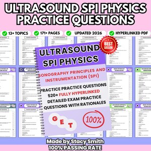Könnte beinhalten: Ein spiralgebundenes Buch mit dem Titel "ULTRASOUND SPI PHYSICS PRACTICE QUESTIONS" mit einem "BEST SELLER"-Aufkleber. Das Buch enthält 13+ Themen, 171+ Seiten und ist für 2026 aktualisiert. Es bietet 520+ Übungsfragen.