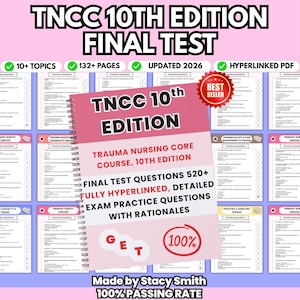 May include: A digital study guide for the TNCC 10th Edition Final Test, featuring 520+ hyperlinked practice questions with rationales. The document includes 132+ pages covering 10+ topics, updated for 2026, and is presented as a spiral-bound PDF.