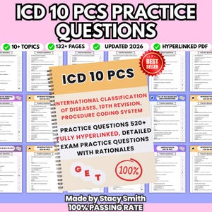 May include: A spiral-bound book titled "ICD 10 PCS" with the text "International Classification of Diseases, 10th Revision, Procedure Coding System." The book includes practice questions, is fully hyperlinked, and updated for 2026. The cover also states "100% Passing Rate."
