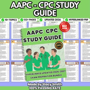 May include: A spiral-bound AAPC CPC STUDY GUIDE with a green cover featuring four medical professionals in green scrubs. The text reads AAPC CPC STUDY GUIDE, HYPERLINKED UPDATED 2026-2027 EXAM PREPRATION BUNDLE, and 100% GUARANTEE. Includes a red BEST SELLER badge.