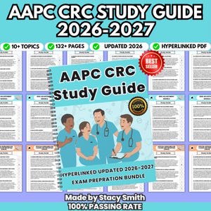 May include: A spiral-bound AAPC CRC Study Guide 2026-2027 featuring a light blue cover with an illustration of four medical professionals in scrubs. The text includes 10+ topics, 132+ pages, updated 2026, hyperlinked PDF, and a 100% guarantee seal.