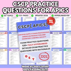 Pode incluir: Um guia de estudo com encadernação em espiral intitulado CSCP (APICS) Certified Supply Chain Professional American Production and Inventory Control Society Exam Practice Questions. A capa apresenta mais de 520 questões de exame detalhadas com hiperlinks e justificativas, um selo vermelho de mais vendido e um gráfico circular de 100%.
