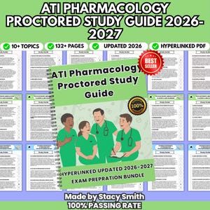 May include: A spiral-bound ATI Pharmacology Proctored Study Guide 2026-2027 featuring an illustration of four healthcare professionals in green scrubs. The cover includes text, a 100% guarantee badge, and a red best seller star on a light green background.