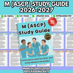 Könnte beinhalten: Ein spiralgebundener M (ASCP) Studienführer 2026-2027 mit hellblauem Einband und einer Illustration von vier medizinischen Fachkräften in Arbeitskleidung. Der Text enthält 'M (ASCP) Study Guide', 'Hyperlinked Updated 2026-2027 Exam Prepration Bundle' und ein '100% Guarantee'-Siegel.